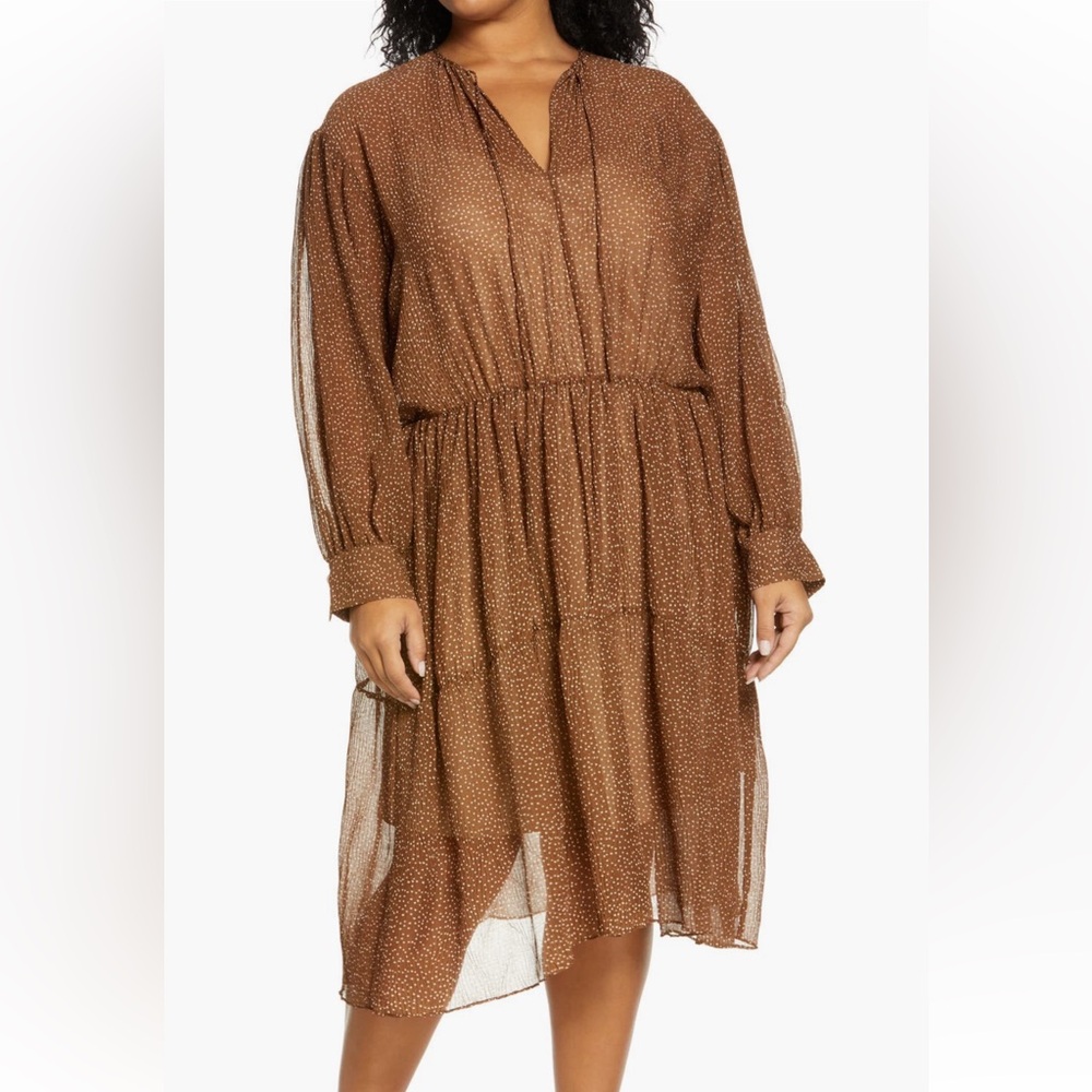 1DAY SALE Vince Dot Shirred Semi Sheer Long Sleeve Brown Midi Dress Plus size 3X